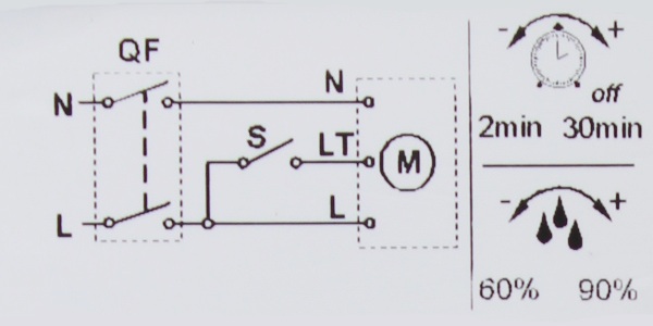 Schéma zapojení ventilátoru s časovačem a čidlem vlhkosti