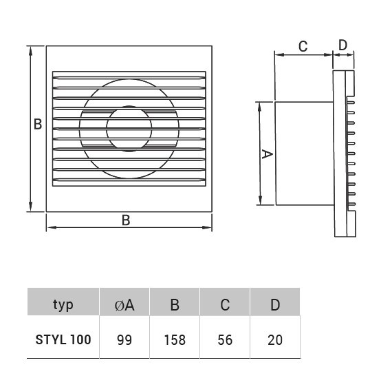 Ventilátor Dospel STYL 100 S 12V - rozměry