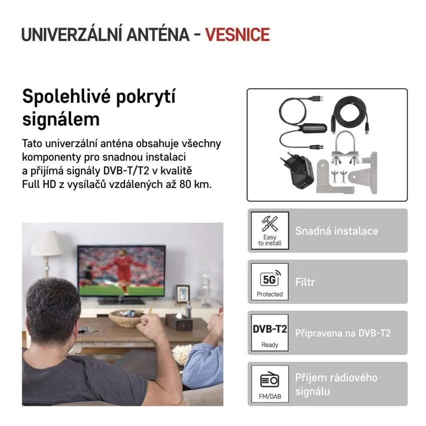 Anténa univerzální VILLAGE MOON–V900, DVB-T2, FM, DAB, filtr LTE/4G/5G