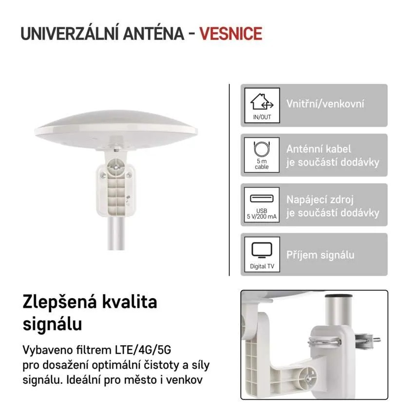 Anténa univerzální VILLAGE MOON–V900, DVB-T2, FM, DAB, filtr LTE/4G/5G